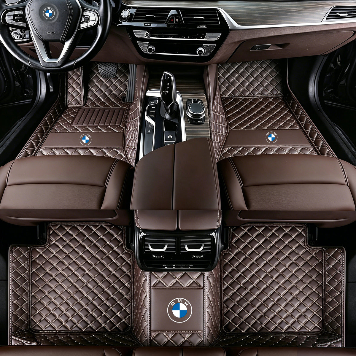 BMW Luxury Diamond Stitching Leather Car Floor Mats – Custom Fit | Waterproof | with logo