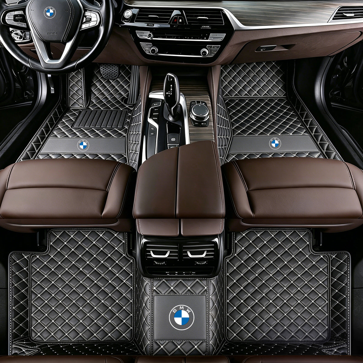 BMW Luxury Diamond Stitching Leather Car Floor Mats – Custom Fit | Waterproof | with logo